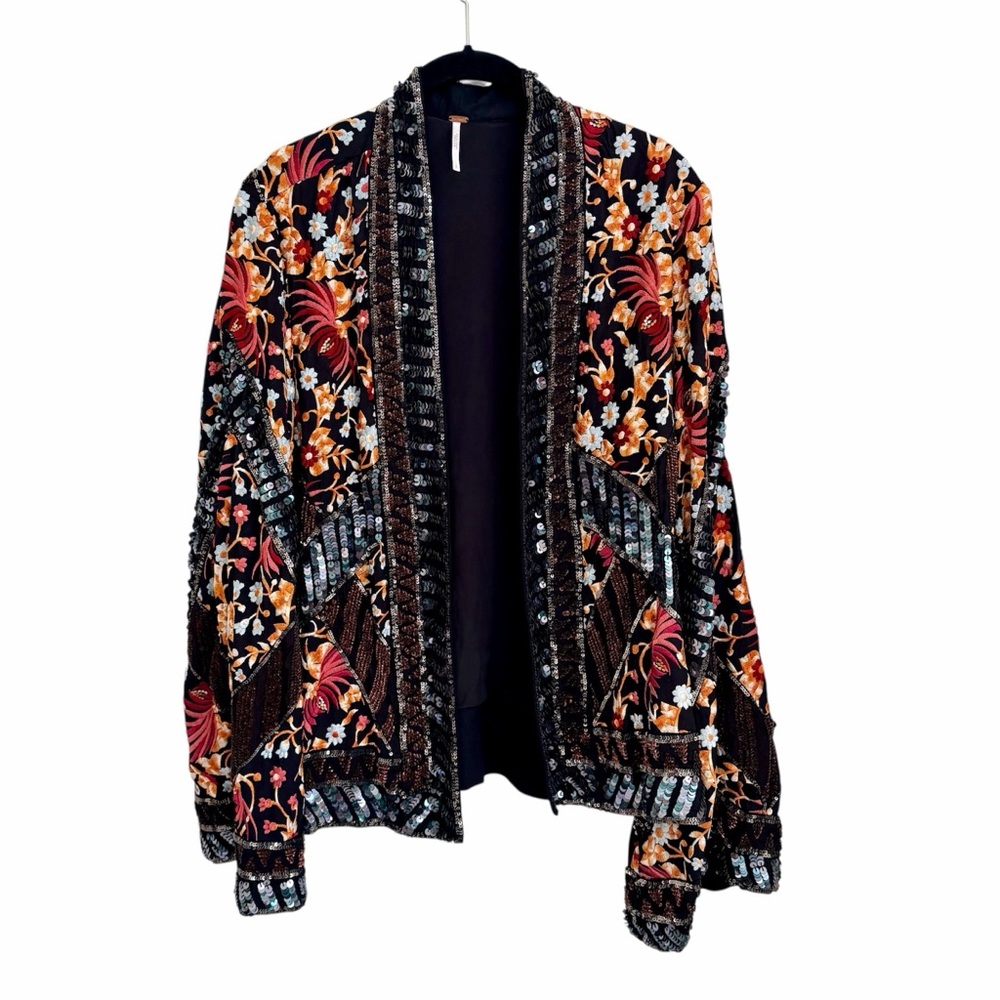 Free People Black Floral Embellished Jacket Size L